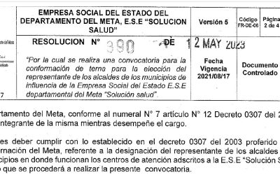RESOLUCION No 390 DEL 12 DE MAYO DE 2023 – EMPRESA SOCIAL DEL ESTADO DEL DEPARTAMENTO DEL META, E.S.E SOLUCIÓN SALUD